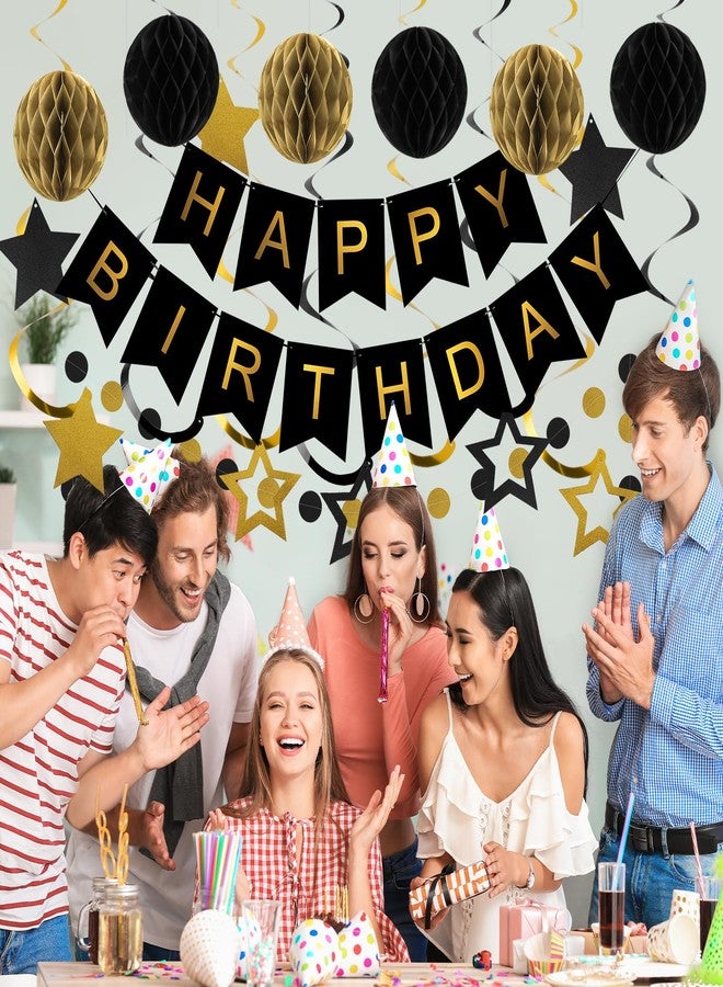 زينة عيد ميلاد رائعة، لافتة عيد ميلاد سعيد مع كرات على شكل خلية نحل، شرائط متدلية على شكل نجوم، إكليل دائري منقط، زينة حفلات عيد ميلاد سعيد للنساء والرجال والأولاد والبنات (أسود وذهبي) - Image 3