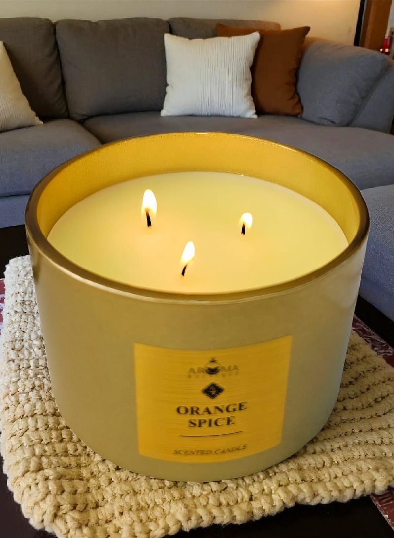 Aroma A Large Luxurious Scented Candle In a Glass jar With 3 Wicks And a Metal Lid Orange and Spice Fragrance - Image 2