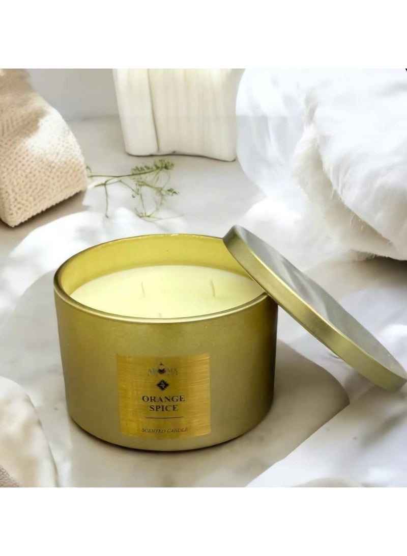 Aroma A Large Luxurious Scented Candle In a Glass jar With 3 Wicks And a Metal Lid Orange and Spice Fragrance - Image 1