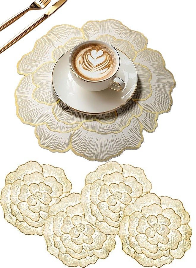 4 Pcs Gold Edge White Floral Rose Round Placemats Heatproof Waterproof and Oilproof PVC Washable Insulation Pads Hotel Restaurant Table Mats for Wedding Aninersary Kitchen Decoration Eid Gatherings Party,Ideal Gift - Image 1