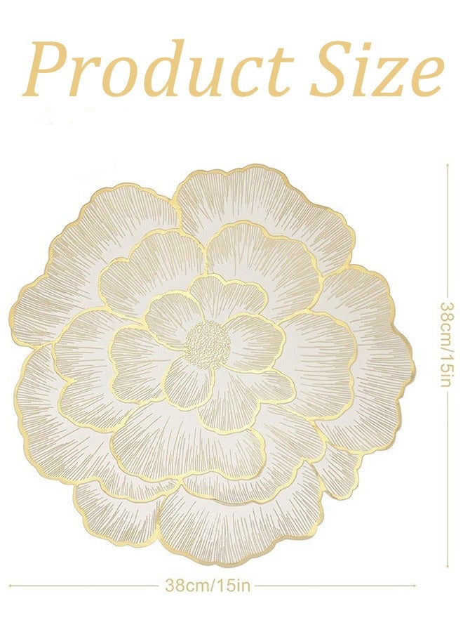 4 Pcs Gold Edge White Floral Rose Round Placemats Heatproof Waterproof and Oilproof PVC Washable Insulation Pads Hotel Restaurant Table Mats for Wedding Aninersary Kitchen Decoration Eid Gatherings Party,Ideal Gift - Image 2