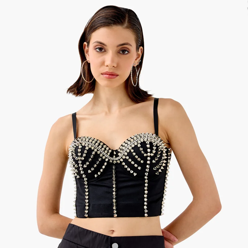 تواكستريمز Stud Embellished Strappy Crop Top