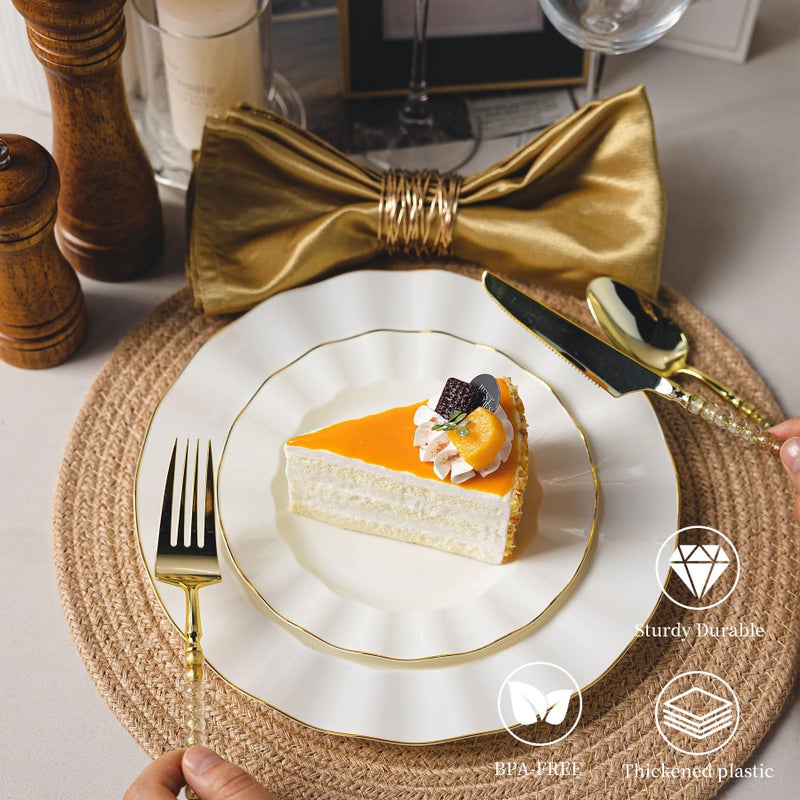QualQuot 120PCS Ivory White Plastic Plates, Heavy Duty Disposable Party Plate with Gold Rim, Fancy 60 Dinner & 60 Dessert Plates for Parties and Wedding - Image 5