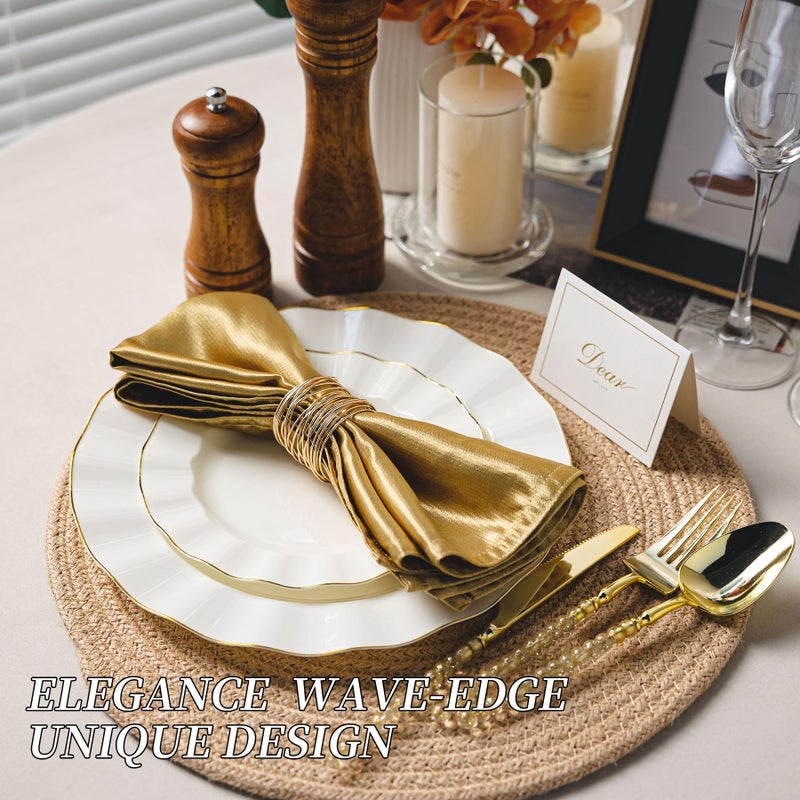 QualQuot 120PCS Ivory White Plastic Plates, Heavy Duty Disposable Party Plate with Gold Rim, Fancy 60 Dinner & 60 Dessert Plates for Parties and Wedding - Image 3