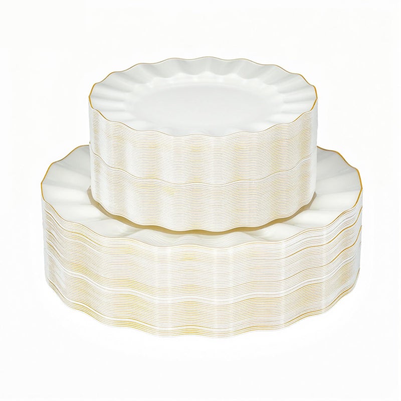 QualQuot 120PCS Ivory White Plastic Plates, Heavy Duty Disposable Party Plate with Gold Rim, Fancy 60 Dinner & 60 Dessert Plates for Parties and Wedding - Image 1