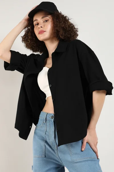 Campus Sutra Women's Obsidian Black Solid Boxy Shirt For Casual Wear | Spread Collar | Long Sleeve | Button Closure | Shirt Crafted With Comfort Fit For Everyday Wear