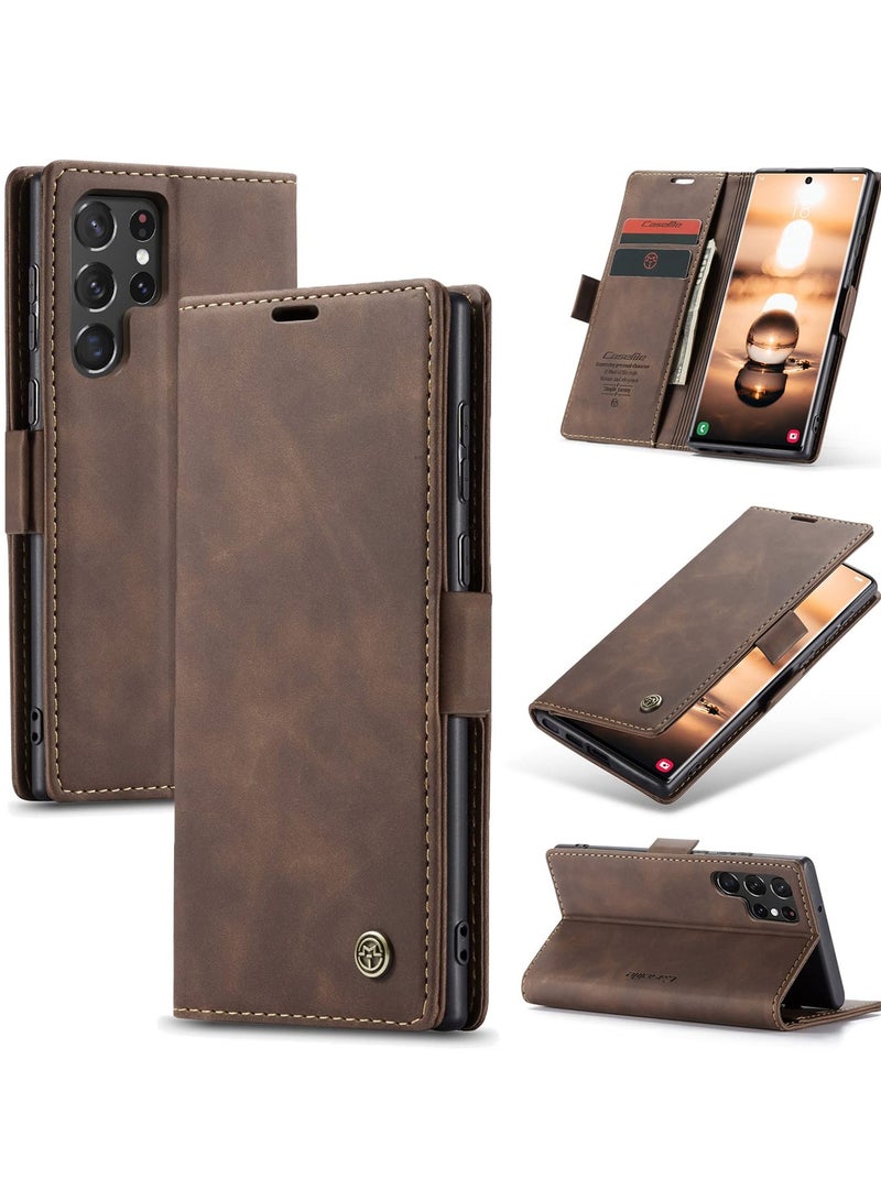 CaseMe Phone Case Luxury PU Leather Design 013 Flip Cover Card Slot Holder Cover For Samsung Galaxy S22 Ultra (Coffe)  - Image 1