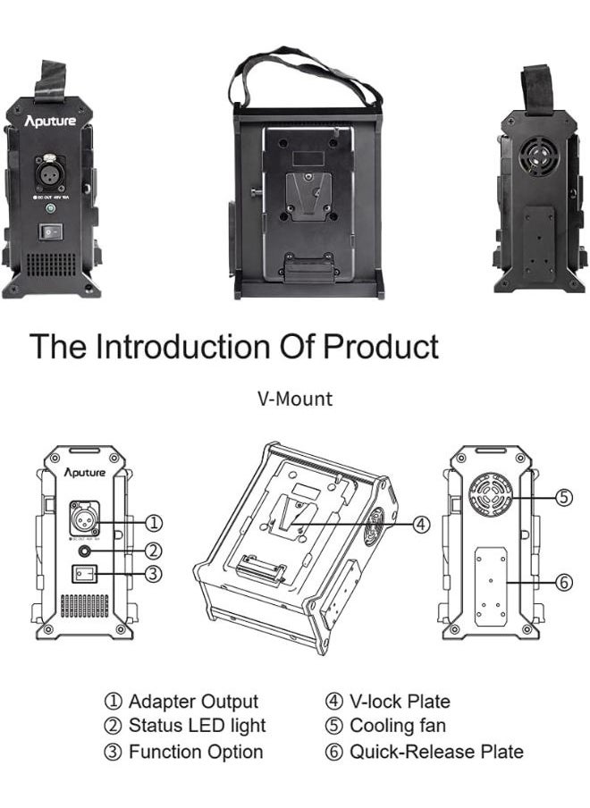 أبتشر - محطة طاقة Aputure ثنائية الفتحات لبطاريات V-Mount – وحدة طاقة خفيفة الوزن مع لوحة تحرير سريع، حزام ومشبك – متوافقة مع Nova P300c وسلسلة Amaran 100/200 - Image 1