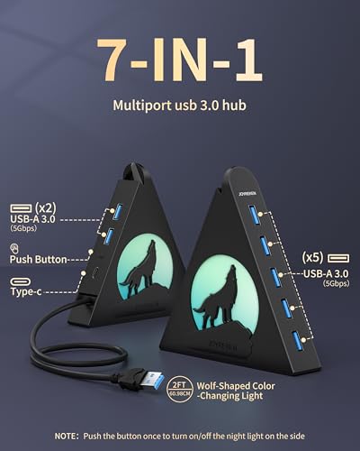 JoyReken 7-Port USB 3.0 Hub, Vertical USB Hub Splitter with RGB Lighting,5Gbps High-Speed Data Transfer and 2FT Extension Cable, Compatible with PC, MacBook, Laptop, PS5, Xbox, Flash Drive, Printer - Image 2