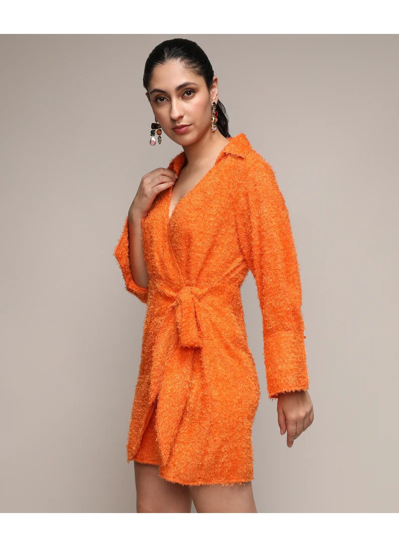 Campus Sutra Women's Pumpkin Orange Sherpa Wrap Dress