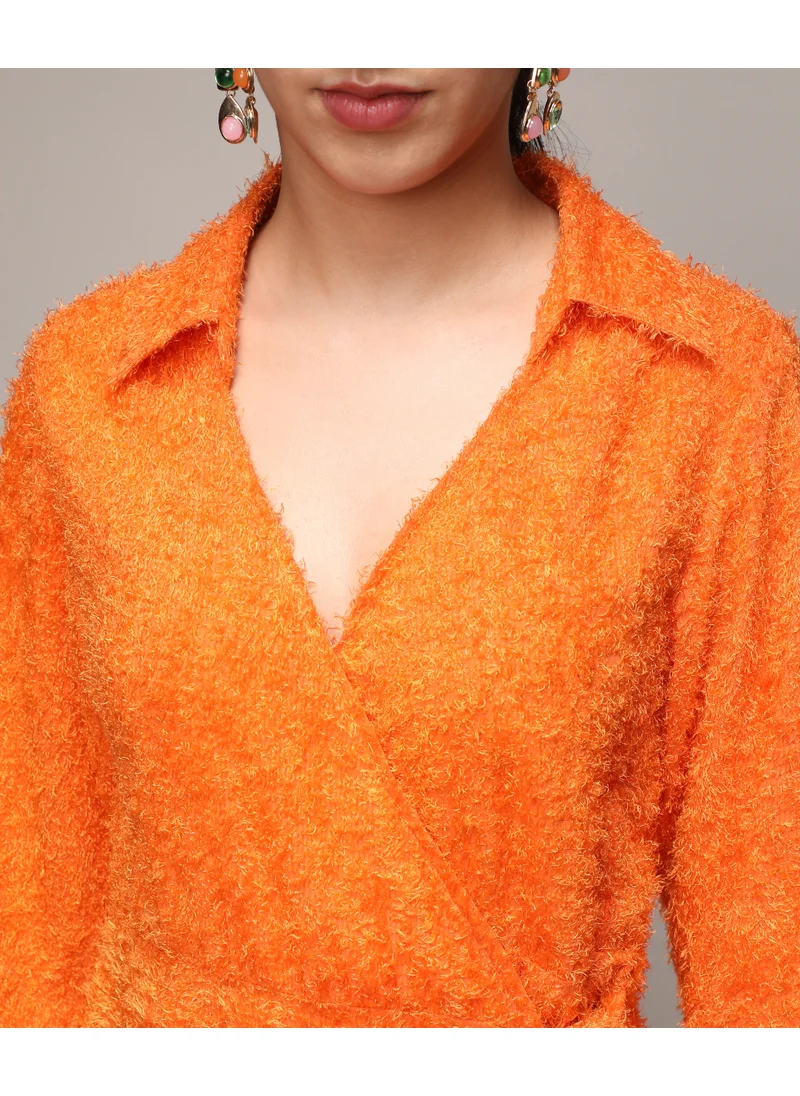 Campus Sutra Women's Pumpkin Orange Sherpa Wrap Dress