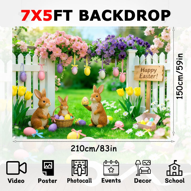 Jaailee 7x5ft Easter Backdrop Spring Backdrops for Photography Polyester Happy Easter Banner Garden Floral Grass Rabbit Eggs Lawn Fence Background for Birthday Party Decorations with Ribbon - Image 2