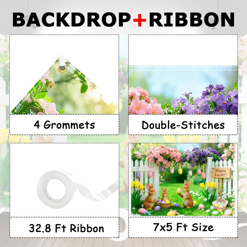 Jaailee 7x5ft Easter Backdrop Spring Backdrops for Photography Polyester Happy Easter Banner Garden Floral Grass Rabbit Eggs Lawn Fence Background for Birthday Party Decorations with Ribbon - Image 3