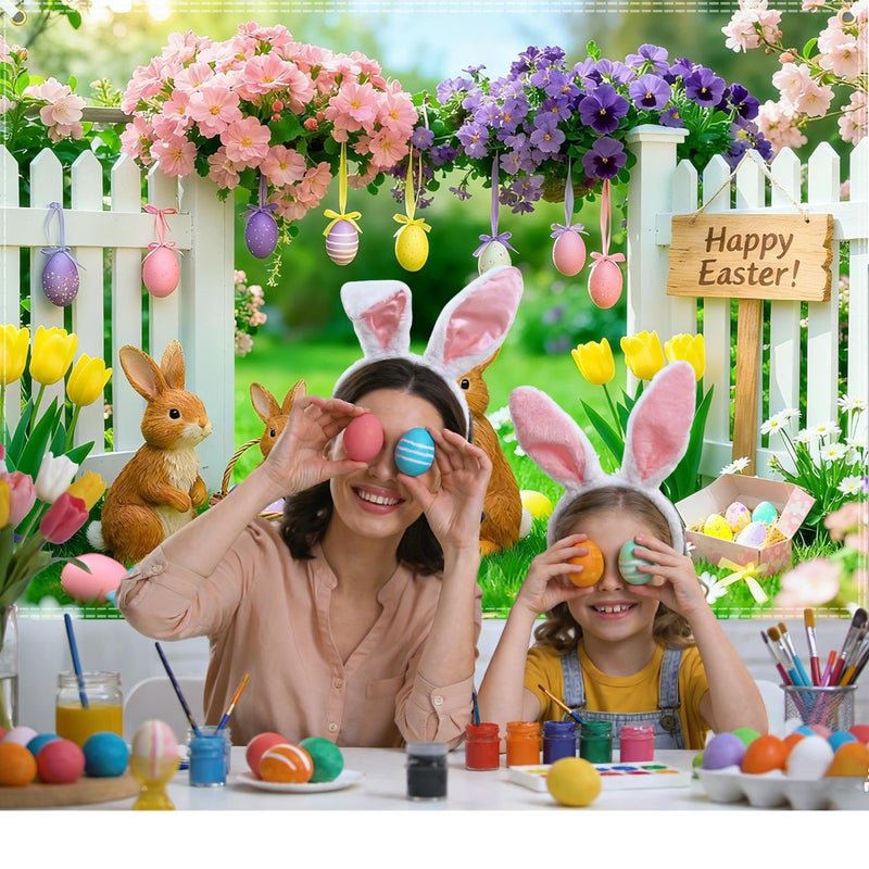 Jaailee 7x5ft Easter Backdrop Spring Backdrops for Photography Polyester Happy Easter Banner Garden Floral Grass Rabbit Eggs Lawn Fence Background for Birthday Party Decorations with Ribbon - Image 5