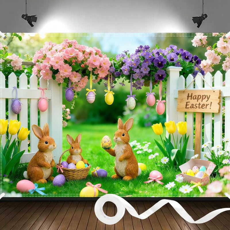 Jaailee 7x5ft Easter Backdrop Spring Backdrops for Photography Polyester Happy Easter Banner Garden Floral Grass Rabbit Eggs Lawn Fence Background for Birthday Party Decorations with Ribbon - Image 1