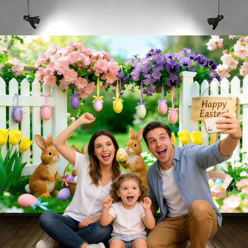 Jaailee 7x5ft Easter Backdrop Spring Backdrops for Photography Polyester Happy Easter Banner Garden Floral Grass Rabbit Eggs Lawn Fence Background for Birthday Party Decorations with Ribbon - Image 4
