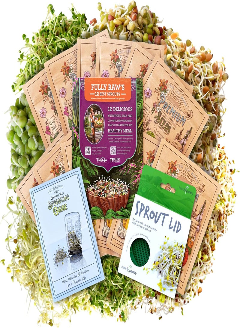 GGOOT 12 Variety Pack Organic Sprouting Seeds - Fully Raw Kristina's Sprouts Growing Kit with Sprouting Lid & Book - Alfalfa Seeds, Mung Bean, Radish, Clover Seed, Salad Mix, Pea, Health - Image 1