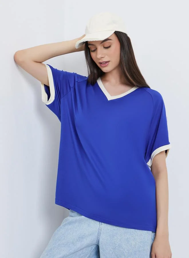 Take Two Navy Blue Oversized V-Neck T-Shirt