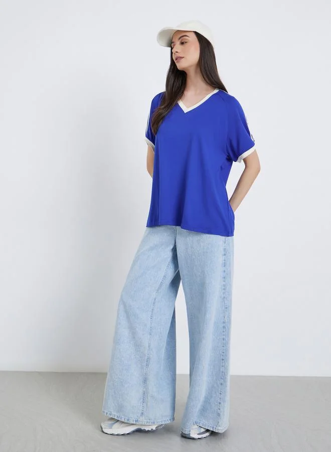 Take Two Navy Blue Oversized V-Neck T-Shirt