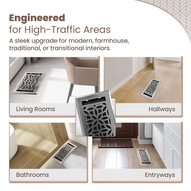 Greater Grates Floor Register 4X10 Vent Cover - 2 Pack - Heavy-Duty Steel  Rustproof & Walkable Grates  Easy Drop-In Install  Adjustable Air Supply Switch - Decorative Floral Design  Brushed Nickel - Image 2