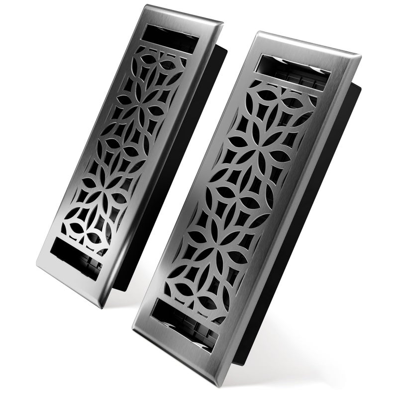 Greater Grates Floor Register 4X10 Vent Cover - 2 Pack - Heavy-Duty Steel  Rustproof & Walkable Grates  Easy Drop-In Install  Adjustable Air Supply Switch - Decorative Floral Design  Brushed Nickel - Image 1