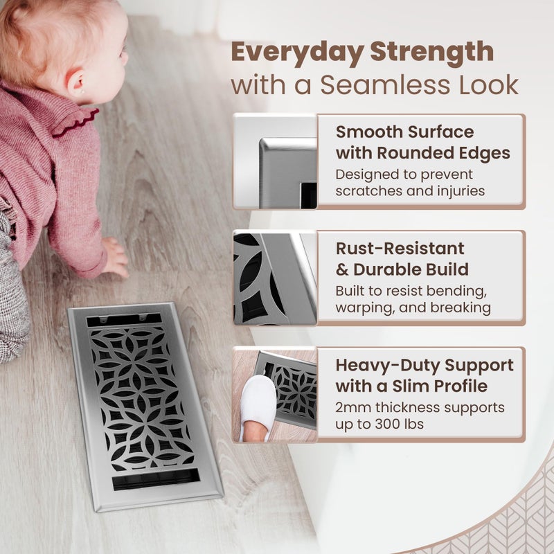 Greater Grates Floor Register 4X10 Vent Cover - 2 Pack - Heavy-Duty Steel  Rustproof & Walkable Grates  Easy Drop-In Install  Adjustable Air Supply Switch - Decorative Floral Design  Brushed Nickel - Image 4