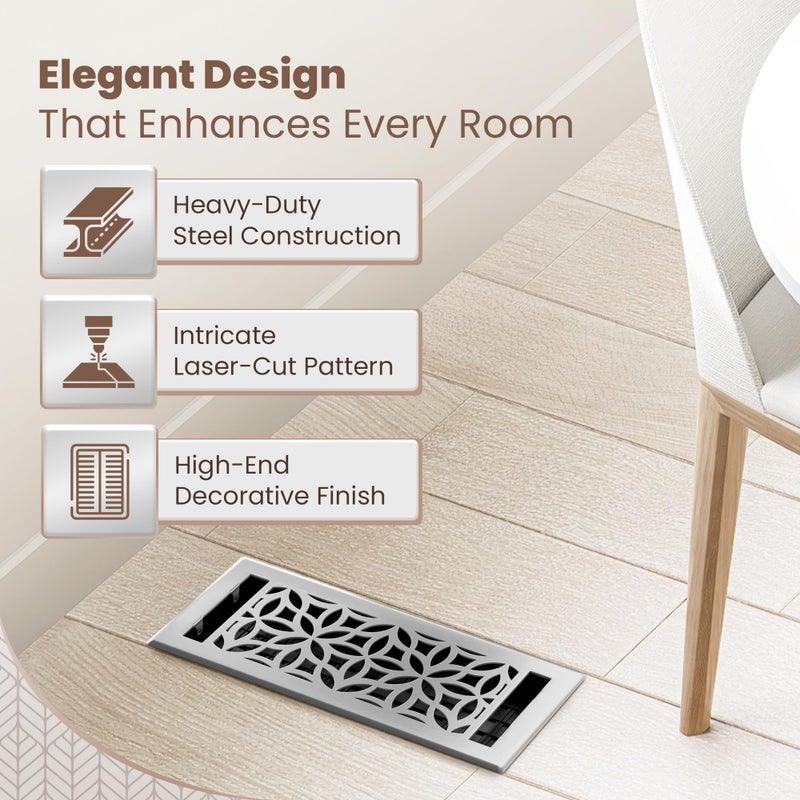 Greater Grates Floor Register 4X10 Vent Cover - 2 Pack - Heavy-Duty Steel  Rustproof & Walkable Grates  Easy Drop-In Install  Adjustable Air Supply Switch - Decorative Floral Design  Brushed Nickel - Image 3
