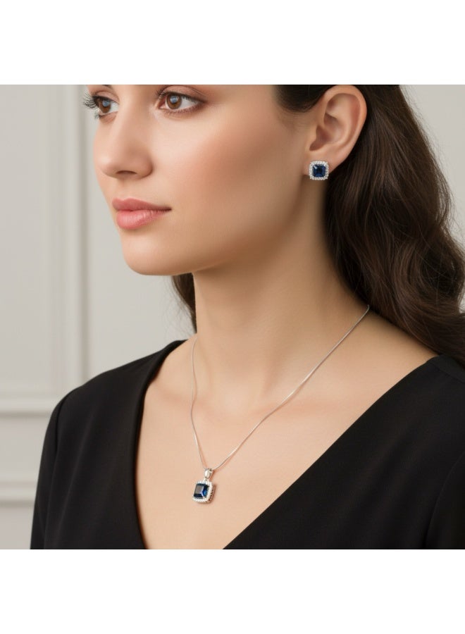 Pretty Precious Elegant American Diamond Pendant Set for Women | Rhodium Plated CZ Jewellery | Necklace with Matching Earrings-Blue - Image 1