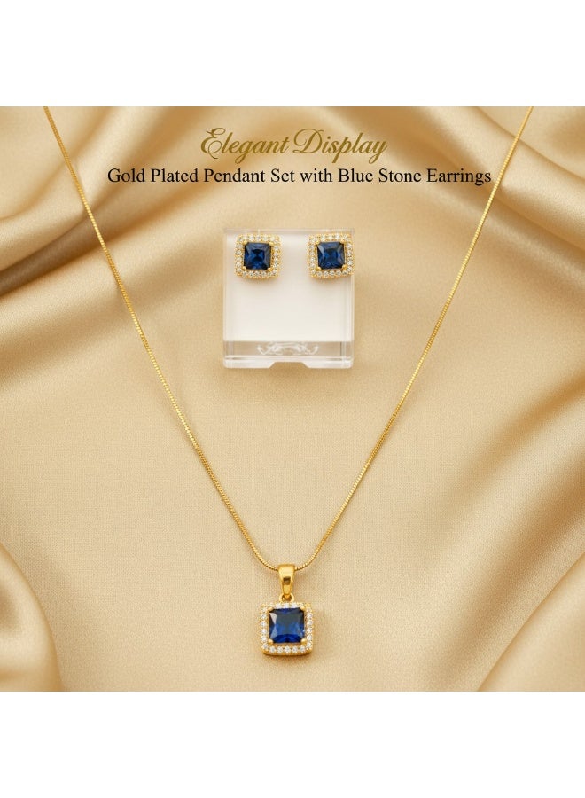 Pretty Precious Elegant American Diamond Pendant Set for Women | Rhodium Plated CZ Jewellery | Necklace with Matching Earrings-Blue - Image 3