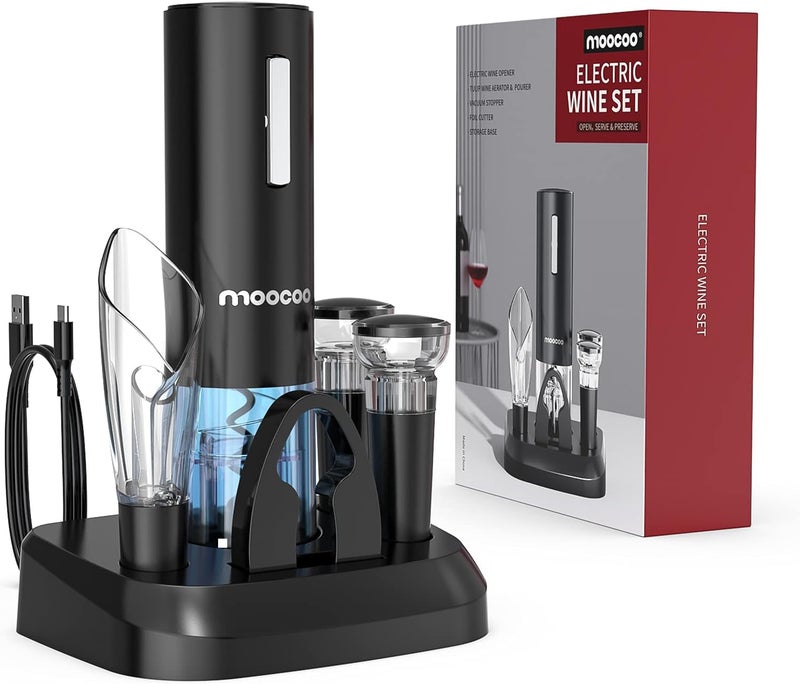Moocoo Electric Wine Opener with Charging Base, Cordless Electric Wine Bottle Opener with 2-in-1 Aerator &Pourer, Foil Cutter, 2 Vacuum Preservation Stoppers, Display Charging Station for Easy Storage - Image 1