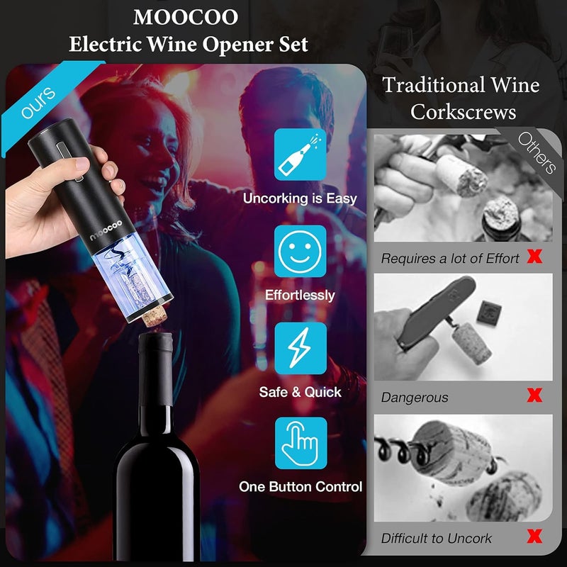 Moocoo Electric Wine Opener with Charging Base, Cordless Electric Wine Bottle Opener with 2-in-1 Aerator &Pourer, Foil Cutter, 2 Vacuum Preservation Stoppers, Display Charging Station for Easy Storage - Image 2