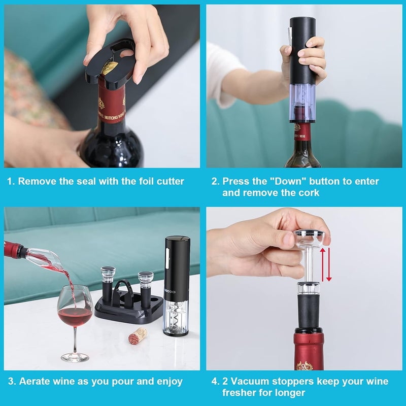 Moocoo Electric Wine Opener with Charging Base, Cordless Electric Wine Bottle Opener with 2-in-1 Aerator &Pourer, Foil Cutter, 2 Vacuum Preservation Stoppers, Display Charging Station for Easy Storage - Image 5