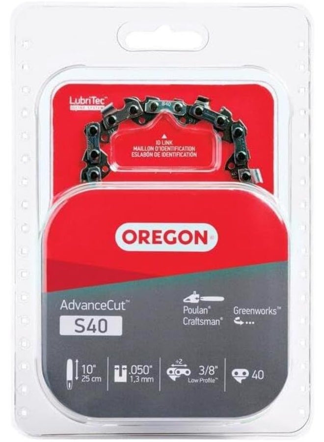 Oregon S40 AdvanceCut Chainsaw/Pole Saw Chain for 10-Inch Bar, 40 Drive Links, Low-Kickback, Fits Echo, Sun Joe, Greenworks and More - Image 1