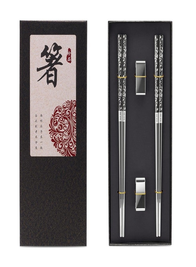 JEETEE 2 Pairs Titanium Coated Anti-slip Stainless Steel Reusable Chopsticks Dishwasher Safe - Nice Metal Chop Sticks with Holder Set Sushi Ramen Chopsticks for Daily Party Camping Gift 9.25 Inch Grey - Image 1