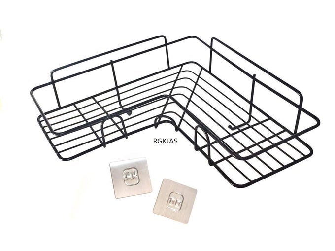 MULTIPURPOSE WALL-MOUNTED CORNER STORAGE RACK BATHROOM SHELF ORGANIZER KITCHEN BASKET COSMETIC HANGING SHOWER CADDY RACK FOR SOAP SHAMPOO TOWEL KITCHEN ORGANIZER, BLACK, (PACK OF 1)