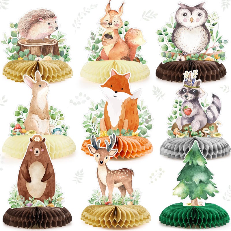 Fumete 9 Pack Woodland Animals Honeycomb Centerpieces 3D Table Topper Forest Baby Shower Decorations Safari Jungle Wildlife Creatures Sage Green Theme Decor for Girl Boy First Birthday Party Camping - Image 1