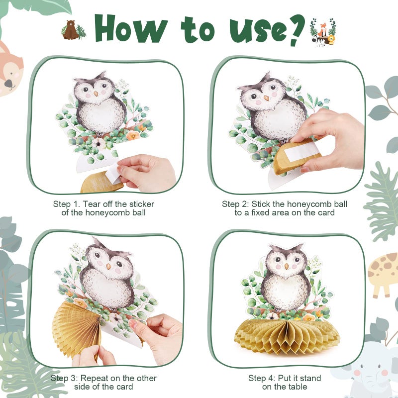 Fumete 9 Pack Woodland Animals Honeycomb Centerpieces 3D Table Topper Forest Baby Shower Decorations Safari Jungle Wildlife Creatures Sage Green Theme Decor for Girl Boy First Birthday Party Camping - Image 3