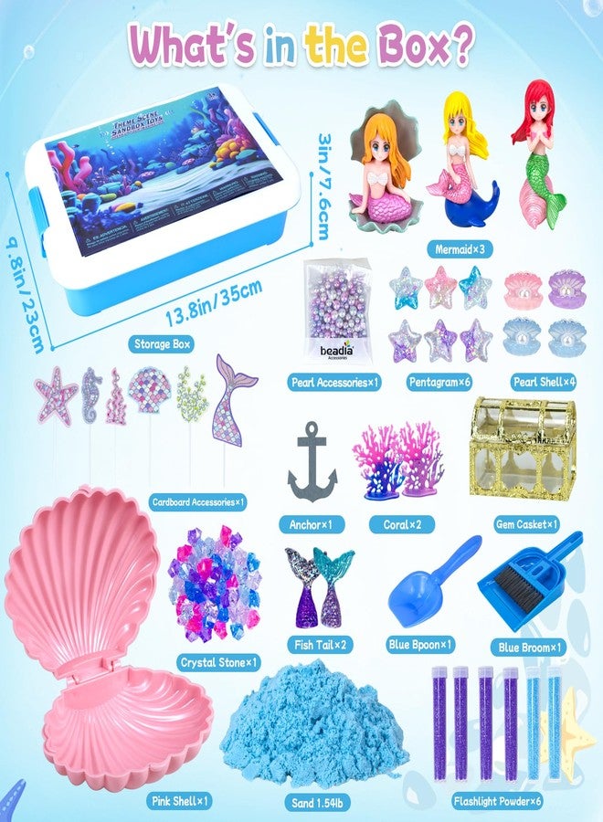 Ynanimery Mermaid Sensory Bin, Play Sand Art Kit with Sandbox & Accessories & Tools & Colorful Sea Shell Conch Starfish Gems Toys Set, Indoor Outdoor Pretend Play Beach Toy Birthday for Girls Boys 3 4 5 6 7 8 - Image 4