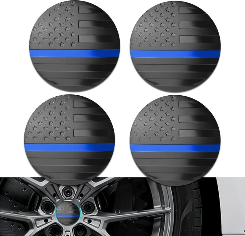 HEVLE 4PCS American Flag Wheel Center Caps, Center Caps for Rims, Car Wheel Center Rims Stickers Decals, Automotive Exterior Accessories Waterproof & Rustproof Wheel Hub Cap for Car (Black Blue) - Image 1