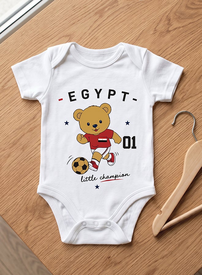 FIFA Egypt Football Printed Unisex Baby Onesie, Little Champion Teddy Graphic, Soft Cotton Infant Bodysuit - White