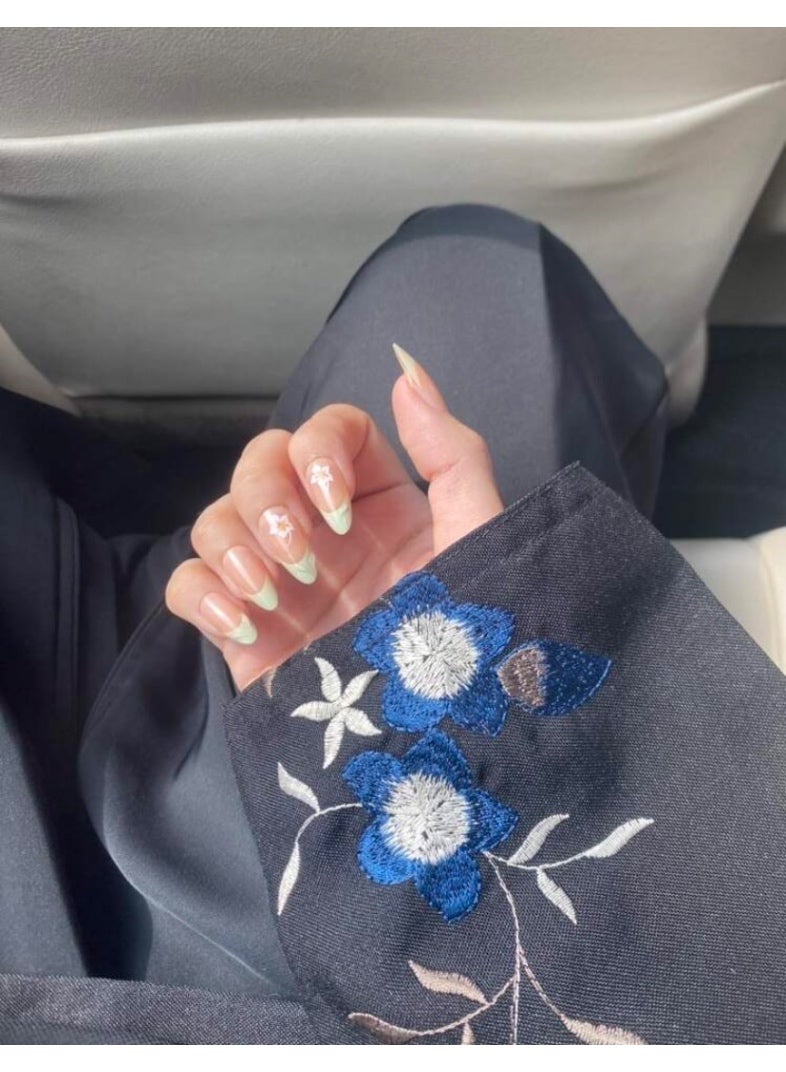 اظافر تركيب بشكل اللوز متوسطة إلى طويلة بتصميم أبيض مع حدود خضراء بطراز فرنسي حلو وبسيط 24 قطعة - Image 3