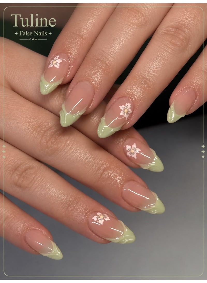 Tuline Minimalism Cute White Flower Green Border 3D French Sweet Style 24Pcs Medium To Long Almond-Shaped False Nails Set, Suitable For Office Ladies, Daily Dates, Afternoon Tea, And Outdoor Activities Press On Nails Nail Supplies Nails - Image 1