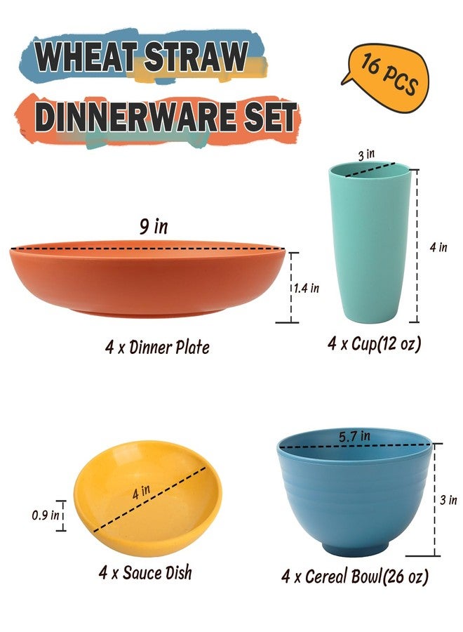 Perlapoc Wheat Straw Dinnerware Sets, Unbreakable Plates and Bowls Sets of 16, Kids Dinnerware Set Sevice for 4, Dishwasher & Microwave Safe Dish Set for Kitchen, Outdoor, Camping - Multi - Image 3