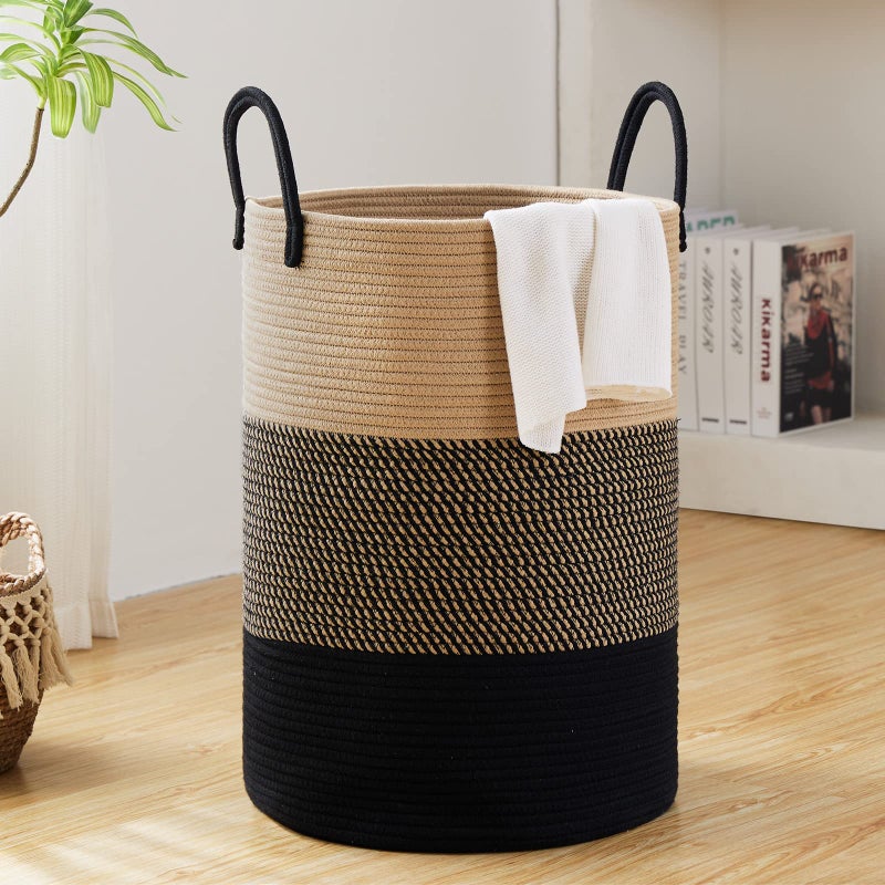 Fiona's magic Fionas magic 72L Large Woven Laundry Hamper Tall Cotton Rope Storage Basket Jute Baby Nursery Hamper for Blankets Toys and Clothes in Bedroom and Living Room Organizing Brown  Black