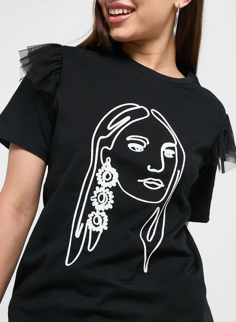 Ginger Graphic T-Shirt With Tulle Detail