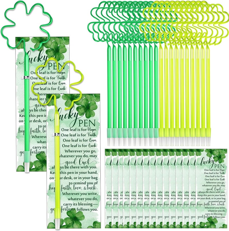 Chivertion 40 Sets St. Patrick's Day Gift Patrick's Day Four Leaf Clover Pens Irish Lucky Black Ink Rollerball Pens Presents with Cards Ties for School Office Classroom - Image 1
