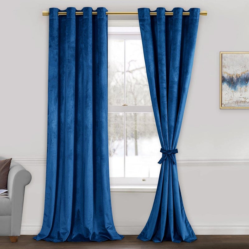 JIUZHEN Blue Velvet Blackout Curtains 84 inches  Super Soft Velvet Textured Room Darkening Grommet Window Drapes for Living RoomBedroomSliding Door 52W x 84L Set of 2 Panels with Tiebacks