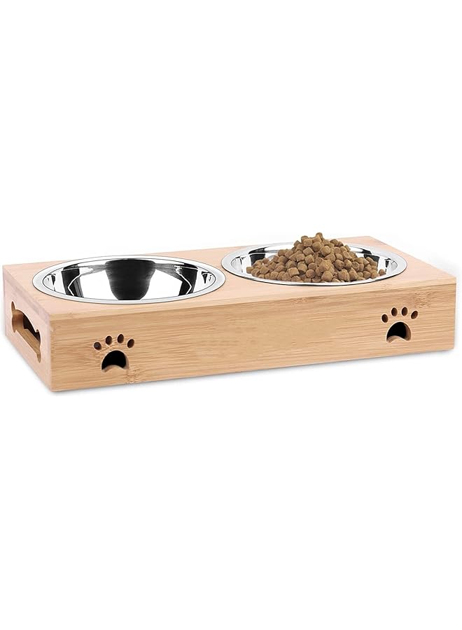 مومو بير وعاء مزدوج للحيوانات الأليفة من الفولاذ المقاوم للصدأ وعاء للحيوانات الأليفة مصنوع من الخيزران وطعام ومياه ذات استخدام مزدوج - Image 1