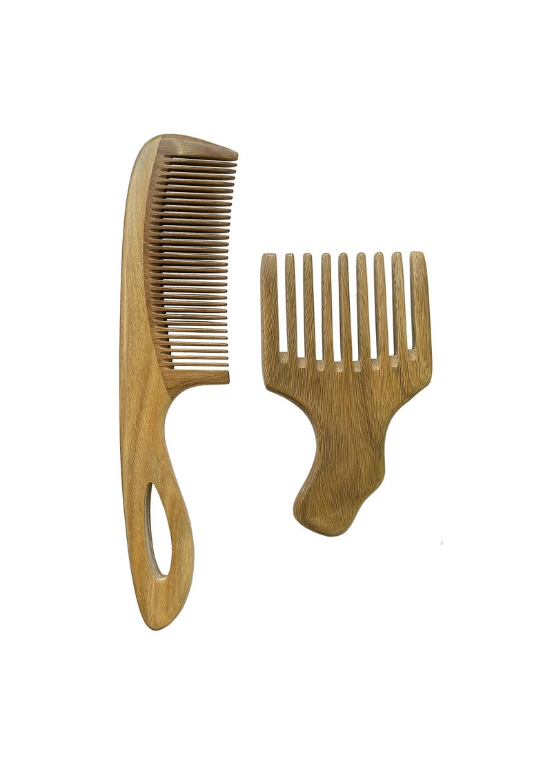 Aguder Green Sandalwood Hair Combs Gift Set  2pcs No Static Detangling Natural Aroma Handmade Wooden Comb  Wide and Fine Tooth Combs 
