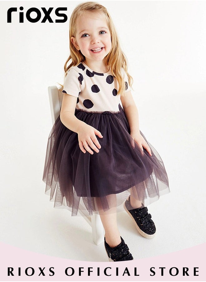 RIOXS - Girls Stylish A Line Tutu Dress, Round Neck Short Sleeve Dress, Wonderful Summer Dresses with Polka-dot Pattern, Comfortable to Wear, Suitable for Daily Wear, Vacation and Other Occasions, Great Gift Choice for Girls - Image 1